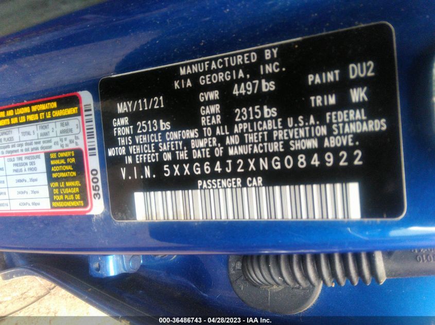 2022 KIA K5 GT-LINE - 5XXG64J2XNG084922