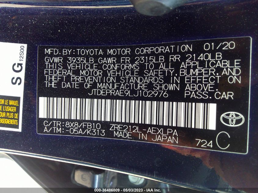 2020 TOYOTA COROLLA LE - JTDEPRAE9LJ102976