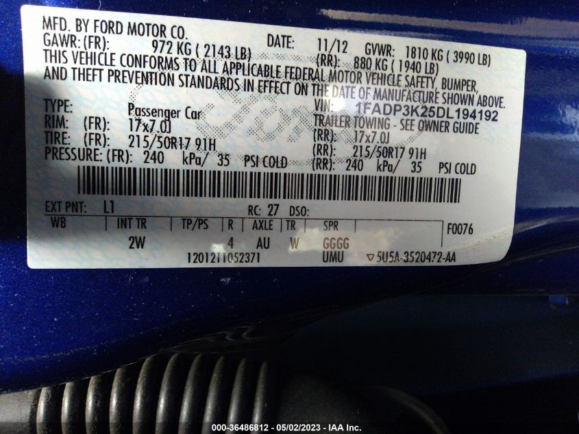 2013 FORD FOCUS SE - 1FADP3K25DL194192