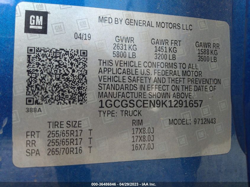 2019 CHEVROLET COLORADO 2WD LT - 1GCGSCEN9K1291657