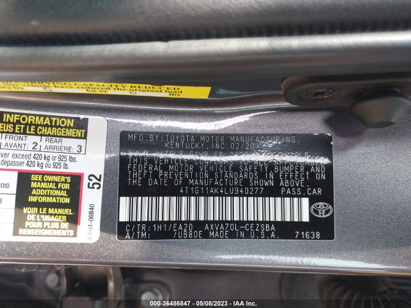 2020 TOYOTA CAMRY SE - 4T1G11AK4LU940277