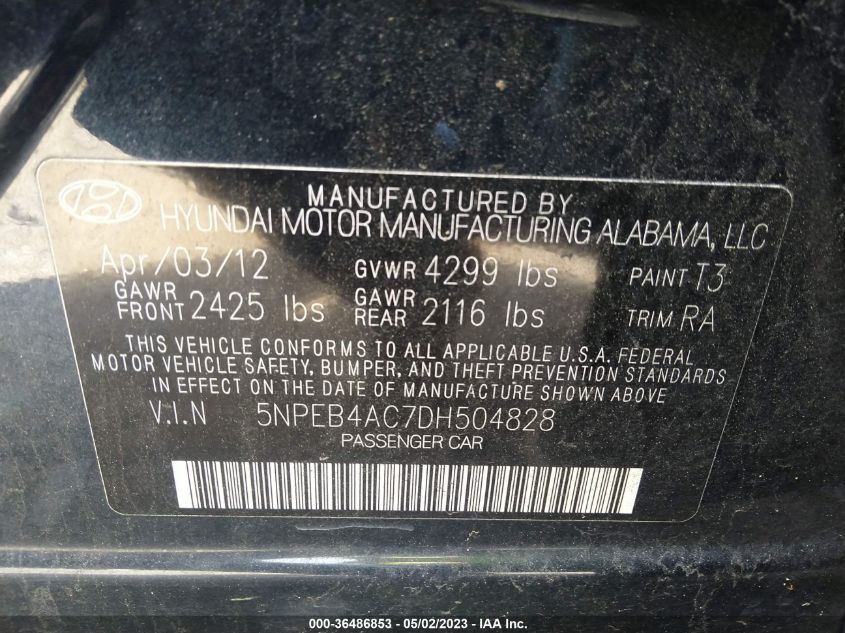 2013 HYUNDAI SONATA GLS PZEV - 5NPEB4AC7DH504828