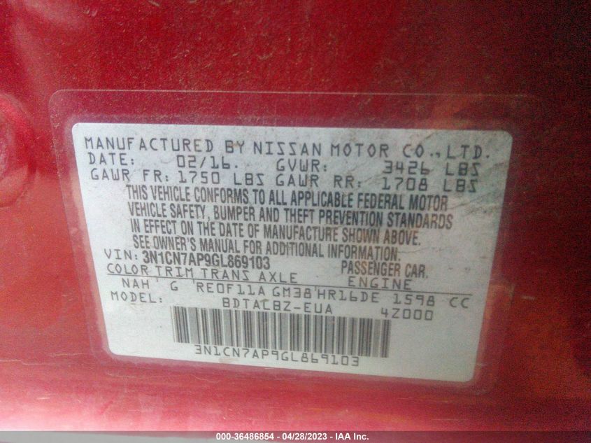 2016 NISSAN VERSA S/S PLUS/SL/SV - 3N1CN7AP9GL869103
