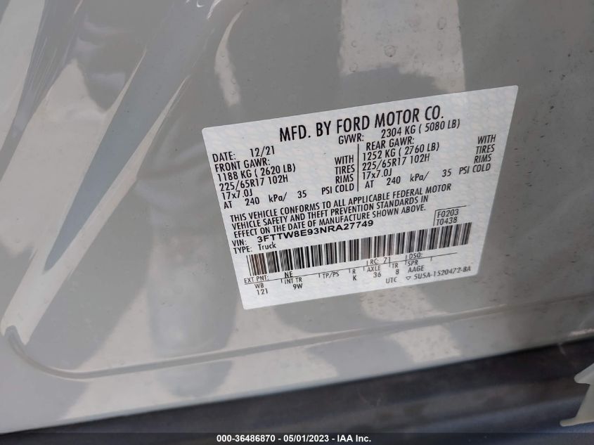 2022 FORD MAVERICK XL/XLT/LARIAT 3FTTW8E93NRA27749