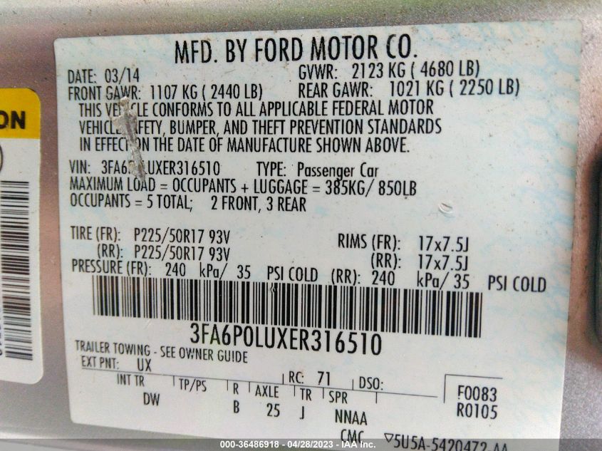 2014 FORD FUSION SE HYBRID - 3FA6P0LUXER316510