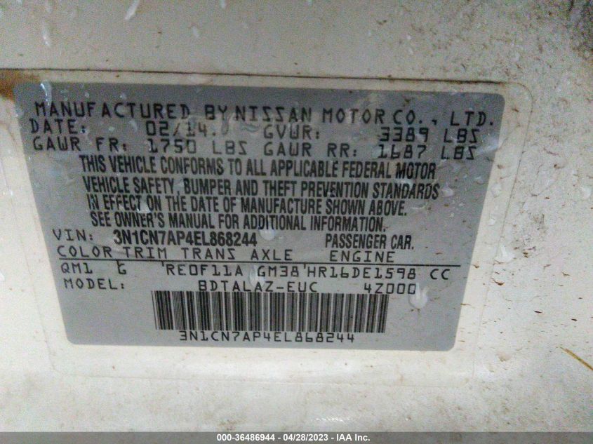 2014 NISSAN VERSA S PLUS - 3N1CN7AP4EL868244