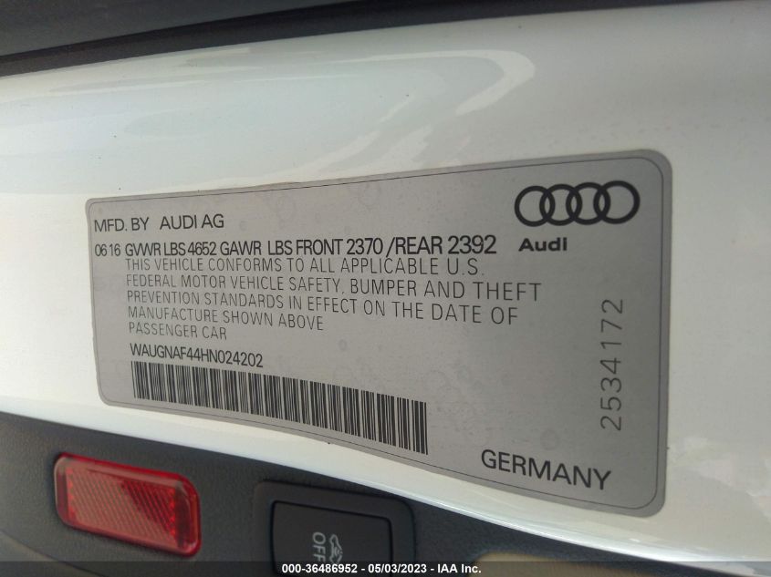 2017 AUDI A4 PREMIUM - WAUGNAF44HN024202