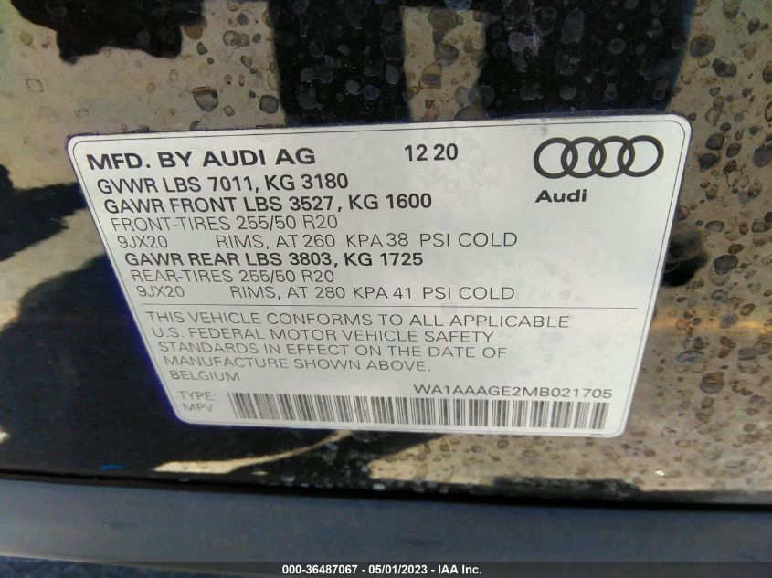 2021 AUDI E-TRON PREMIUM - WA1AAAGE2MB021705