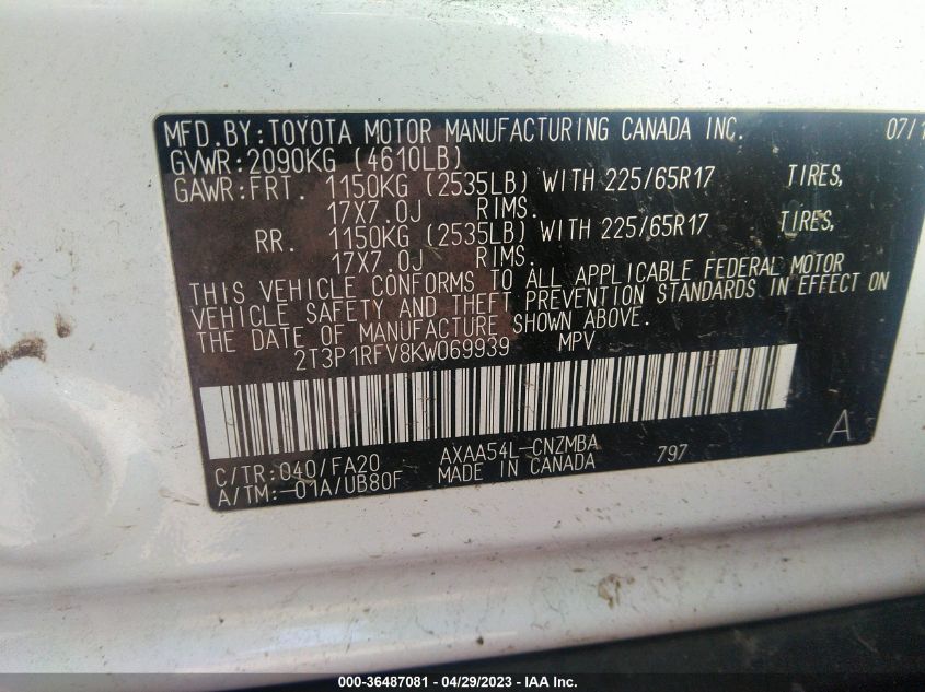 2019 TOYOTA RAV4 XLE - 2T3P1RFV8KW069939