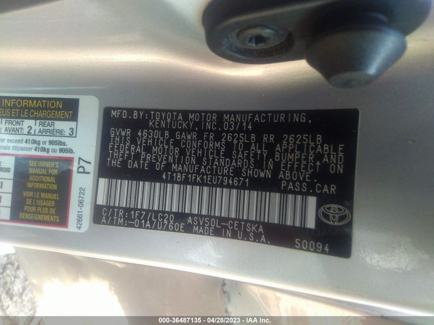 2014 TOYOTA CAMRY L/LE/XLE/SE/SE SPORT - 4T1BF1FK1EU794671
