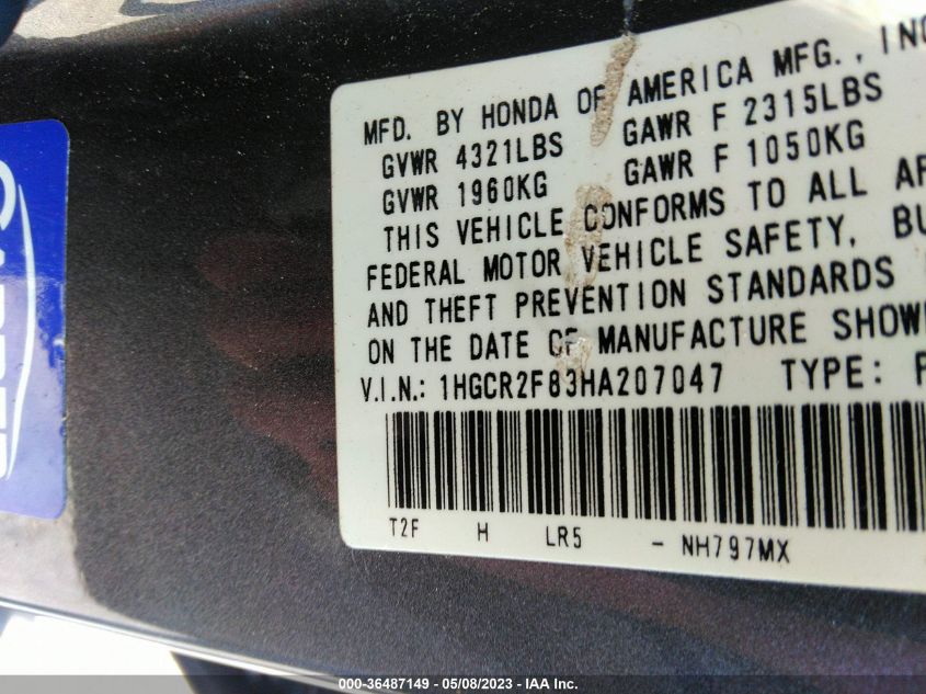 2017 HONDA ACCORD SEDAN EX-L - 1HGCR2F83HA207047