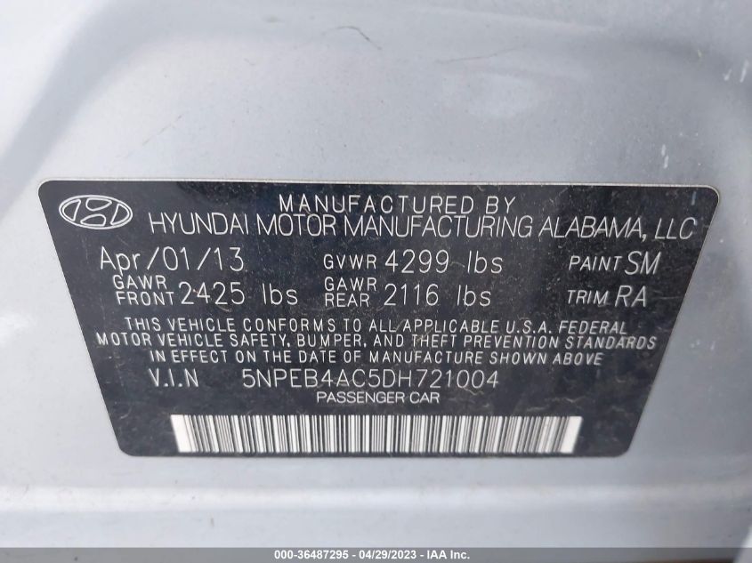 2013 HYUNDAI SONATA GLS PZEV - 5NPEB4AC5DH721004