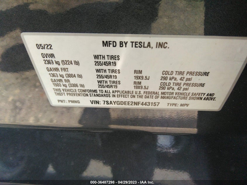 VIN 7SAYGDEE2NF443157 2022 TESLA MODEL Y LONG RANGE