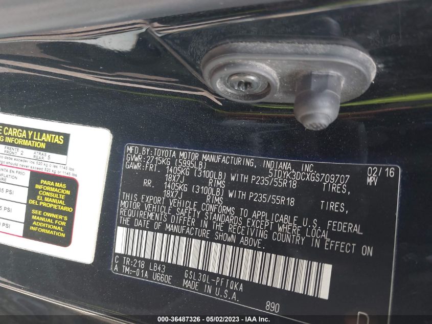 2016 TOYOTA SIENNA XLE/XLE AAS/LTD - 5TDYK3DCXGS709707