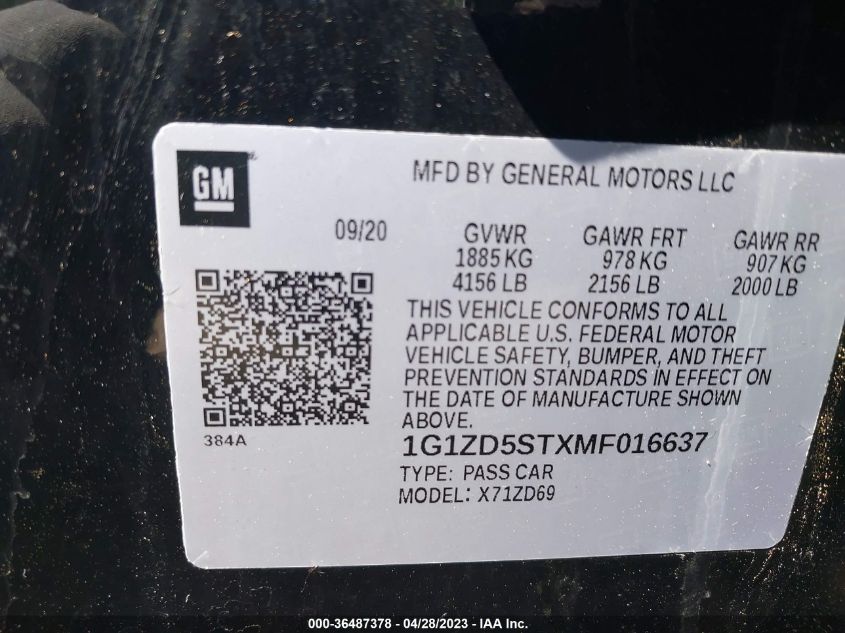2021 CHEVROLET MALIBU LT - 1G1ZD5STXMF016637