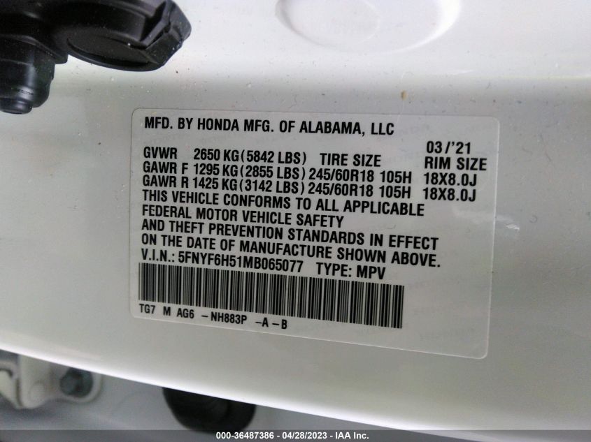 2021 HONDA PILOT EX-L - 5FNYF6H51MB065077