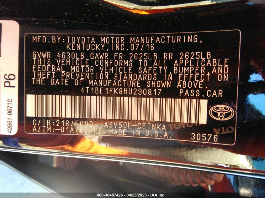 2017 TOYOTA CAMRY XLE/SE/LE/XSE - 4T1BF1FK8HU290817