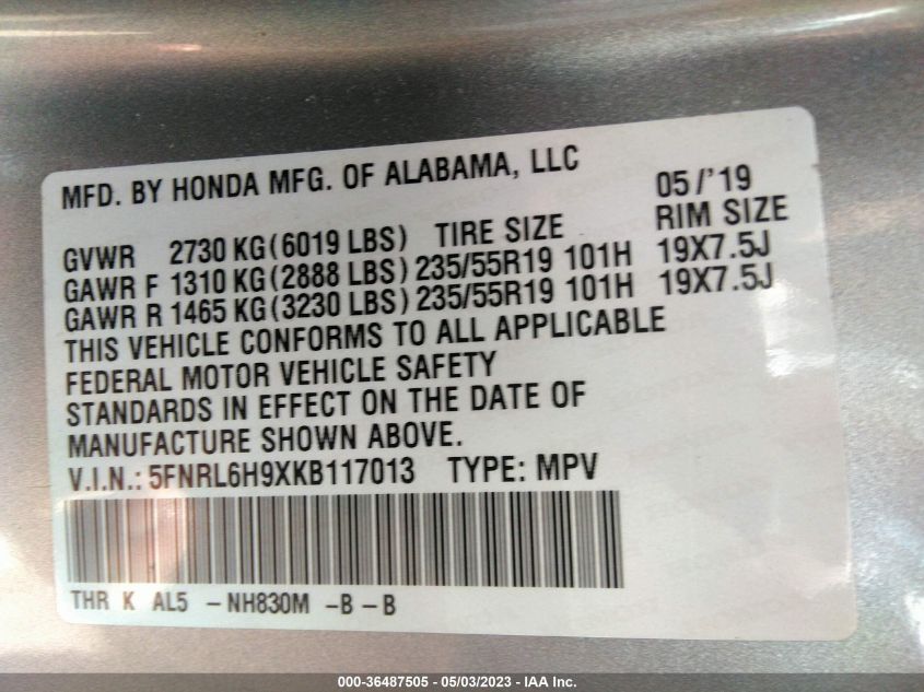 2019 HONDA ODYSSEY ELITE - 5FNRL6H9XKB117013