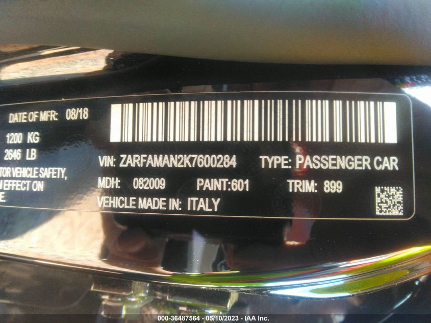 2019 ALFA ROMEO GIULIA SPORT - ZARFAMAN2K7600284