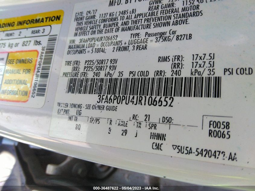 2018 FORD FUSION ENERGI SE - 3FA6P0PU4JR106652