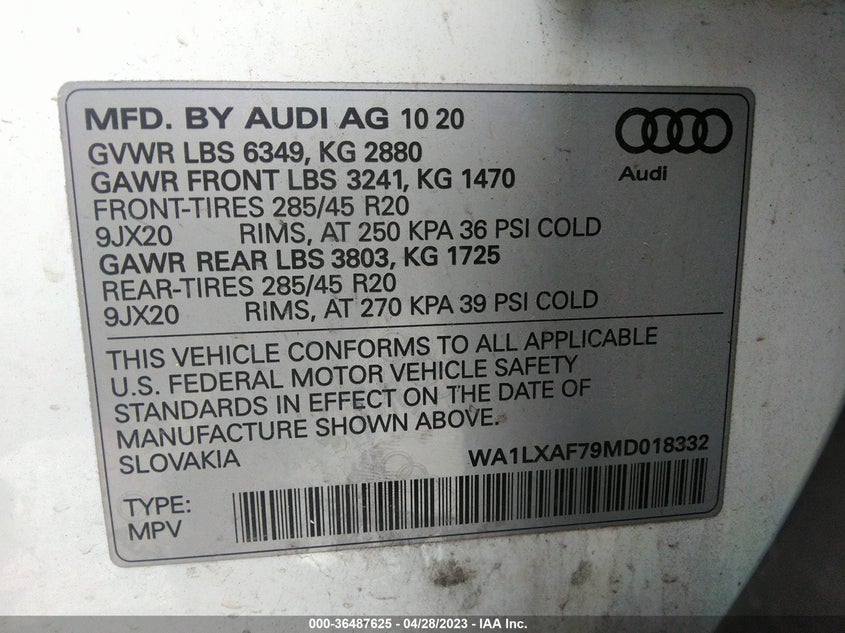 VIN WA1LXAF79MD018332 2021 AUDI Q7 PREMIUM PLUS