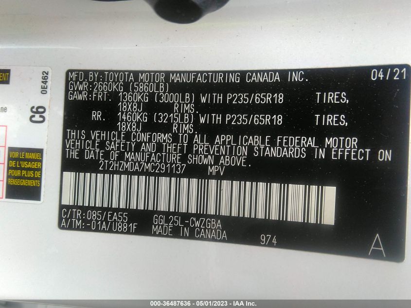 2021 LEXUS RX RX 350 - 2T2HZMDA7MC291137