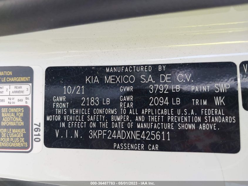 2022 KIA FORTE LXS - 3KPF24ADXNE425611