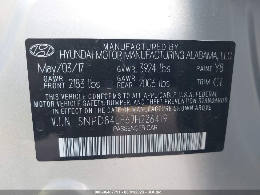 2018 HYUNDAI ELANTRA SEL - 5NPD84LF6JH226419