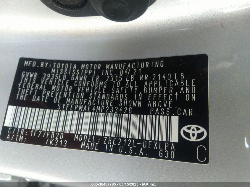 2021 TOYOTA COROLLA LE - 5YFEPMAE4MP233426
