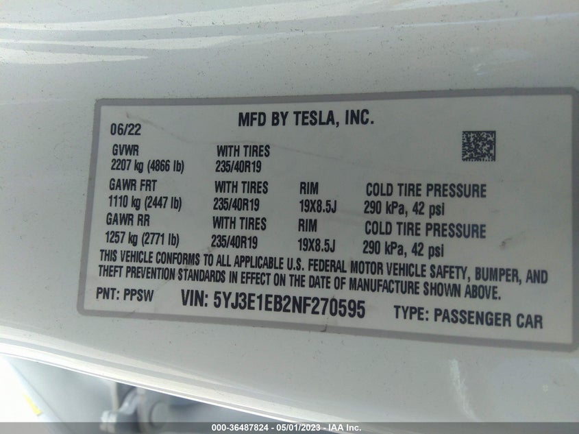 VIN 5YJ3E1EB2NF270595 2022 TESLA MODEL 3 LONG RANGE