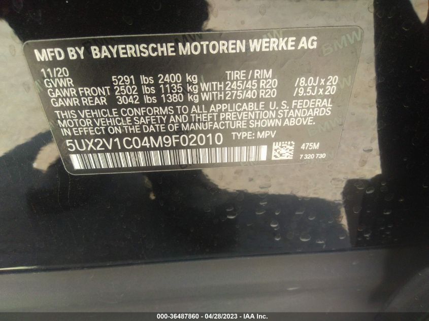 2021 BMW X4 XDRIVE30I 5UX2V1C04M9F02010