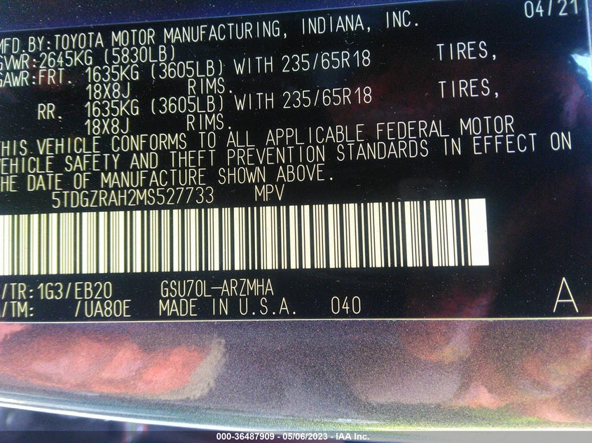 VIN 5TDGZRAH2MS527733 2021 TOYOTA HIGHLANDER XLE