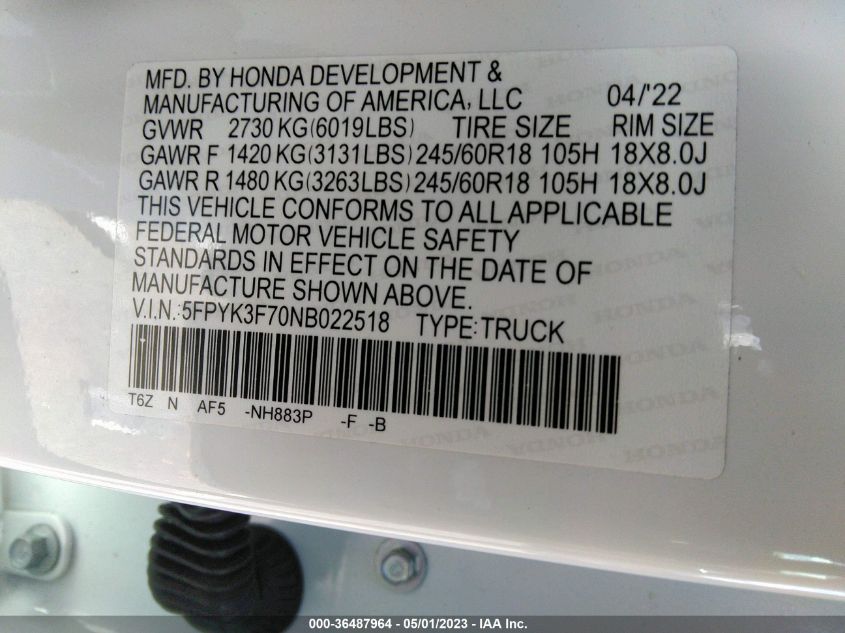 2022 HONDA RIDGELINE RTL-E - 5FPYK3F70NB022518