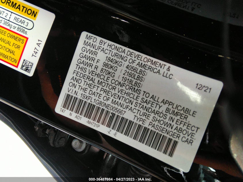 VIN 19XFL1G80NE005667 2022 HONDA CIVIC HATCHBACK SPORT TOURING