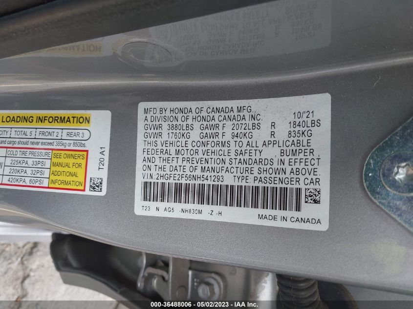 VIN 2HGFE2F56NH541293 2022 HONDA CIVIC SEDAN no.9