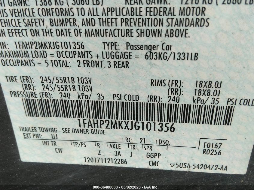2018 FORD POLICE INTERCEPTOR SEDAN 1FAHP2MKXJG101356