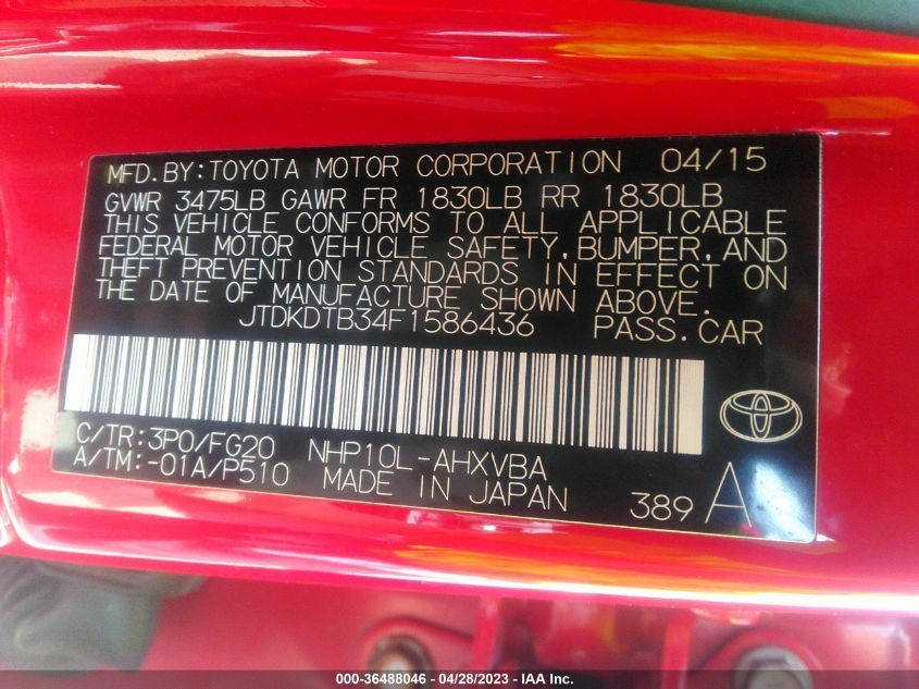 2015 TOYOTA PRIUS C ONE/TWO/THREE/FOUR - JTDKDTB34F1586436