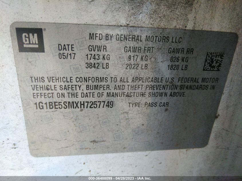 2017 CHEVROLET CRUZE LT - 1G1BE5SMXH7257749