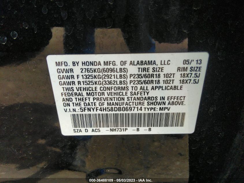 2013 HONDA PILOT EX-L - 5FNYF4H58DB069714