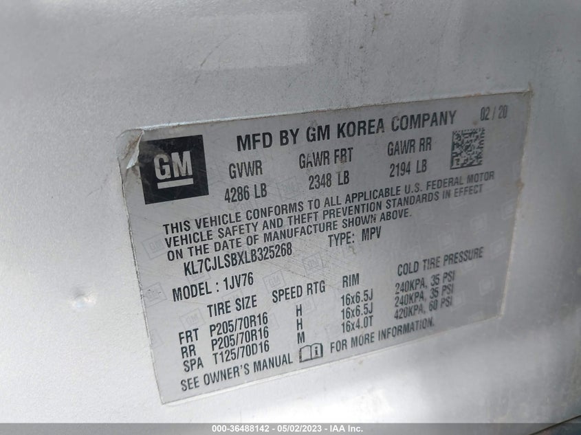 VIN KL7CJLSBXLB325268 2020 CHEVROLET TRAX LT