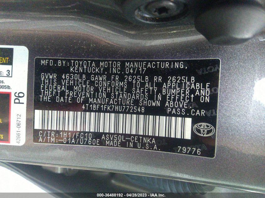 2017 TOYOTA CAMRY XLE/SE/LE/XSE - 4T1BF1FK7HU772548