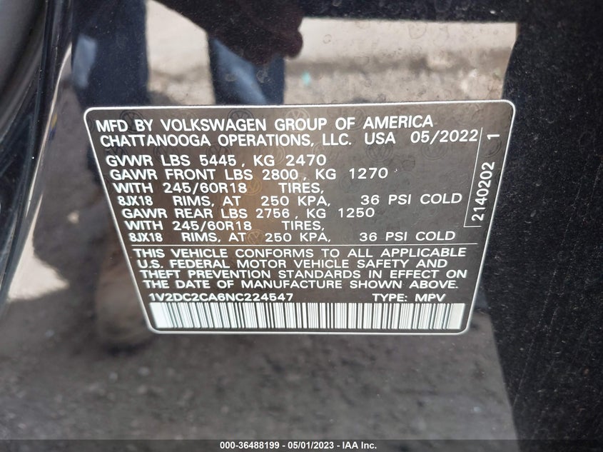 VIN 1V2DC2CA6NC224547 2022 VOLKSWAGEN ATLAS CROSS SPORT 2.0T SE