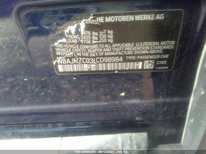 VIN WBAJR7C03LCD98984 2020 BMW 5 SERIES 530I XDRIVE