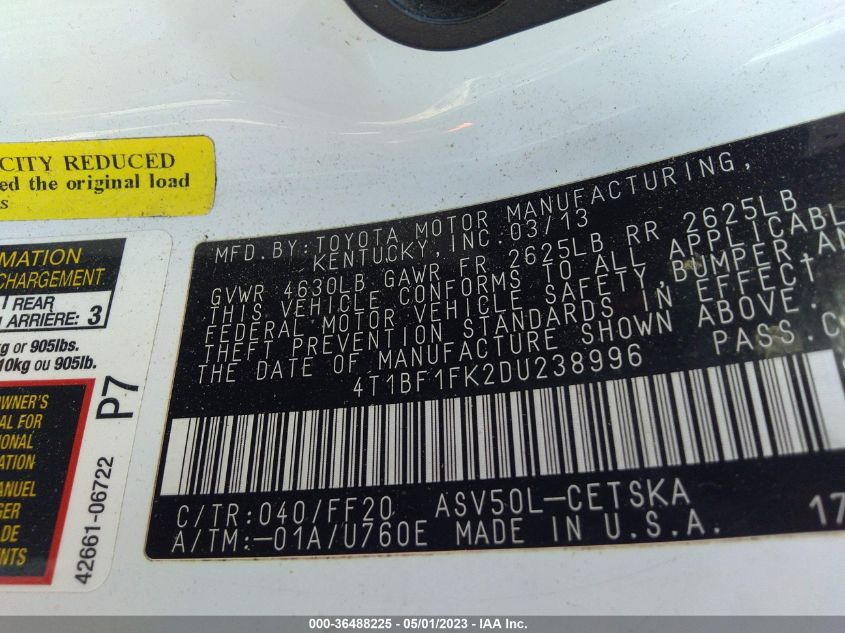 2013 TOYOTA CAMRY L/LE/SE/XLE - 4T1BF1FK2DU238996