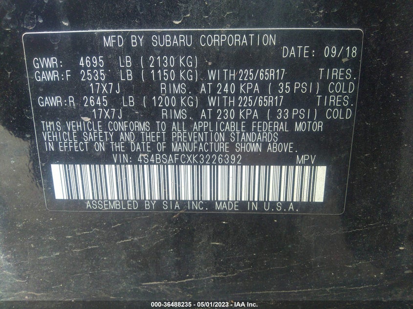 VIN 4S4BSAFCXK3226392 2019 SUBARU OUTBACK PREMIUM