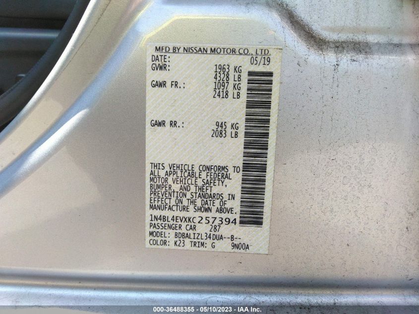 2019 NISSAN ALTIMA 2.5 SL - 1N4BL4EVXKC257394