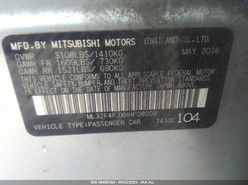 VIN ML32F4FJXHHF08008 2017 MITSUBISHI MIRAGE G4 SE