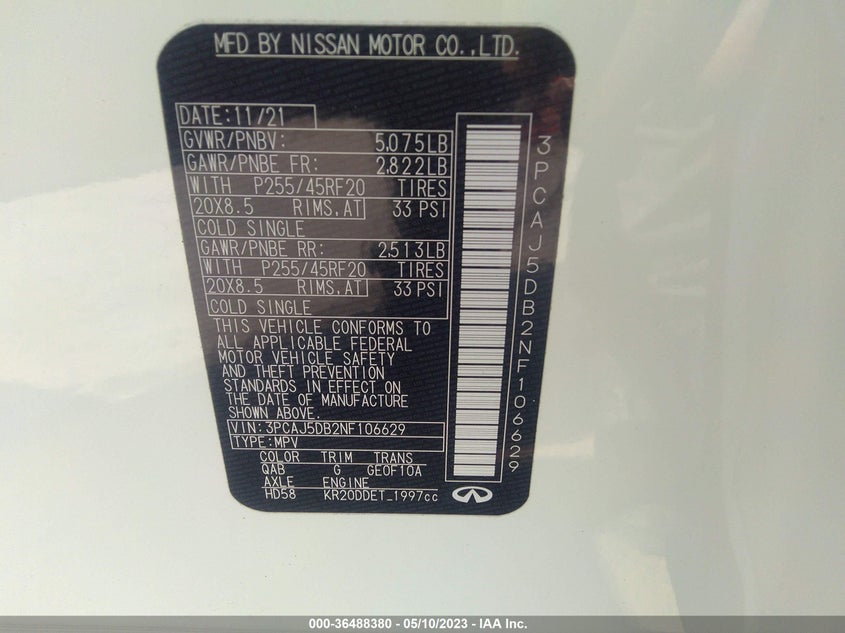 VIN 3PCAJ5DB2NF106629 2022 INFINITI QX50 AUTOGRAPH