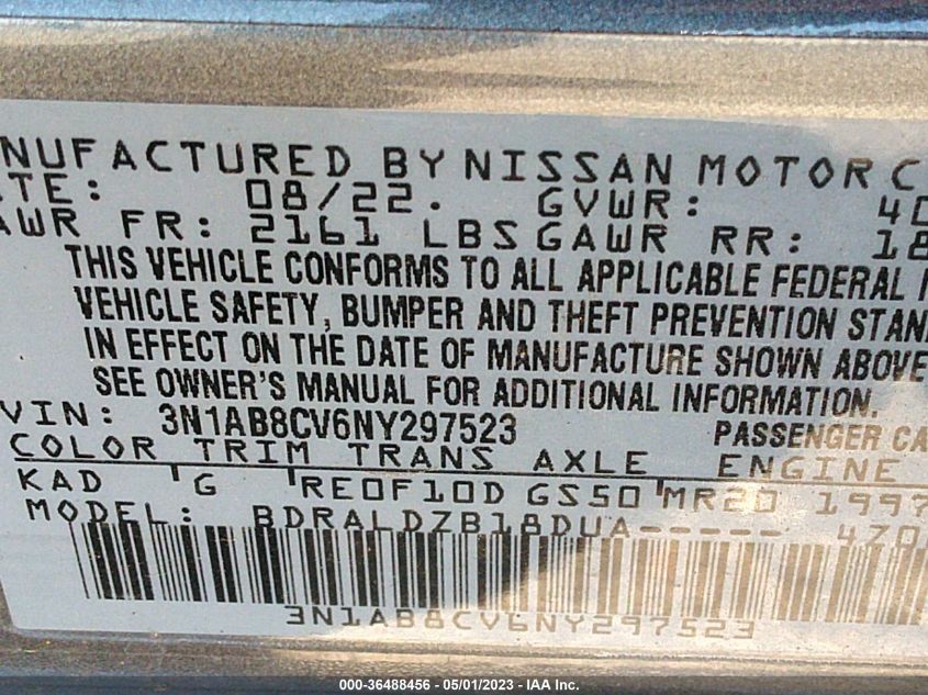 2022 NISSAN SENTRA SV - 3N1AB8CV6NY297523