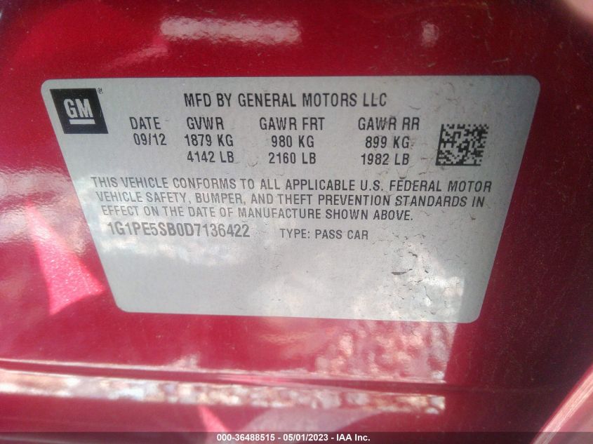 2013 CHEVROLET CRUZE 2LT - 1G1PE5SB0D7136422